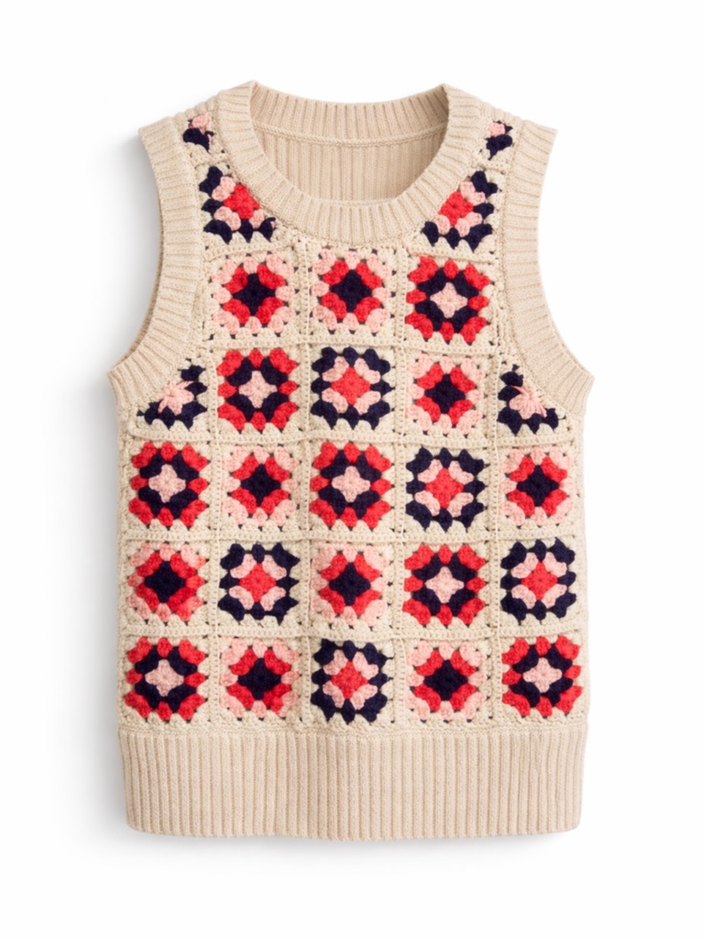 Evereve Granny Square Knit Sweater Vest Cream Floral Pattern Sleeveless Boho